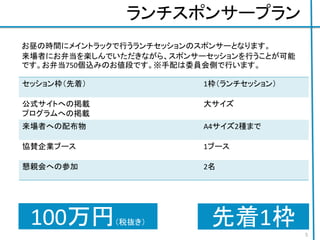 ランチスポンサープラン
セッション枠（先着） 1枠（ランチセッション）
公式サイトへの掲載
プログラムへの掲載
大サイズ
来場者への配布物 A4サイズ2種まで
協賛企業ブース 1ブース
懇親会への参加 2名
ジョブボードへの掲載 なし
100万円（税抜き）
5
お昼の時間にメイントラックで行うランチセッションのスポンサーとなります。
来場者にお弁当を楽しんでいただきながら、スポンサーセッションを行うことが可能
です。お弁当750個込みのお値段です。※手配は委員会側で行います。
先着1枠
 