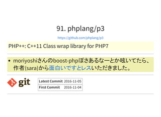 91. phplang/p3
https://github.com/phplang/p3
PHP++: C++11 Class wrap library for PHP7
moriyoshiさんのboost-phpぽさあるなーとか呟いてたら、
作者(sara)から いただきました。面白いですとレス
Latest Commit 2016-11-05
First Commit 2016-11-04
 