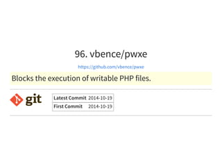 96. vbence/pwxe
https://github.com/vbence/pwxe
Blocks the execution of writable PHP files.
Latest Commit 2014-10-19
First Commit 2014-10-19
 