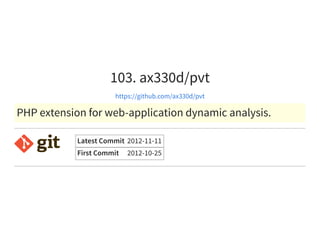 103. ax330d/pvt
https://github.com/ax330d/pvt
PHP extension for web-application dynamic analysis.
Latest Commit 2012-11-11
First Commit 2012-10-25
 