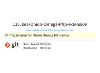 110. kea/Onion-Omega-Php-extension
https://github.com/kea/Onion-Omega-Php-extension
PHP extension for Onion Omega IoT device
Latest Commit 2016-08-28
First Commit 2016-02-28
 
