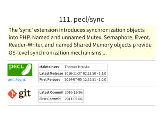 111. pecl/sync
The 'sync' extension introduces synchronization objects
into PHP. Named and unnamed Mutex, Semaphore, Event,
Reader-Writer, and named Shared Memory objects provide
OS-level synchronization mechanisms ...
Maintainers Thomas Hruska
Latest Release 2016-11-27 02:23:50 - 1.1.0
First Release 2014-07-05 12:35:51 - 1.0.0pecl/sync
Latest Commit 2016-11-26
First Commit 2014-05-06
 