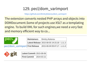 129. pecl/dom_varimport
https://github.com/DmitryKoterov/dom_varimport
The extension converts nested PHP arrays and objects into
DOMDocument.Some of projects use XSLT as a templating
engine. To build XML for such engines,we need a very fast
and memory eﬀicient way to co...
Maintainers Dmitry Koterov
Latest Release 2015-08-05 14:15:18 - 1.11.3
First Release 2015-08-04 09:47:17 - 1.11.0pecl/dom_varimport
Latest Commit 2015-08-06
First Commit 2014-03-21
 
