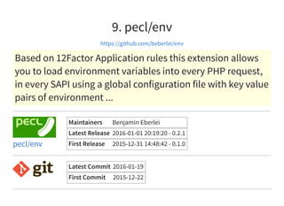 9. pecl/env
https://github.com/beberlei/env
Based on 12Factor Application rules this extension allows
you to load environment variables into every PHP request,
in every SAPI using a global configuration file with key value
pairs of environment ...
Maintainers Benjamin Eberlei
Latest Release 2016-01-01 20:19:20 - 0.2.1
First Release 2015-12-31 14:48:42 - 0.1.0pecl/env
Latest Commit 2016-01-19
First Commit 2015-12-22
 