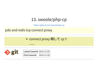 13. swoole/php-cp
https://github.com/swoole/php-cp
pdo and redis tcp connect proxy
connect proxy 略して cp !!
......
Latest Commit 2016-12-09
First Commit 2014-11-28
 