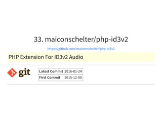 33. maiconschelter/php-id3v2
https://github.com/maiconschelter/php-id3v2
PHP Extension For ID3v2 Audio
Latest Commit 2016-01-24
First Commit 2015-12-08
 