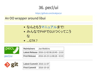 36. pecl/ui
https://github.com/krakjoe/ui
An OO wrapper around libui
なんともう まで!
みんなでPHPでGUIつくってこう
な
...GTK ?
マニュアル
Maintainers Joe Watkins
Latest Release 2016-11-02 06:10:49 - 2.0.0
First Release 2016-10-23 11:08:28 - 0.9.9pecl/ui
Latest Commit 2016-11-07
First Commit 2016-10-10
 