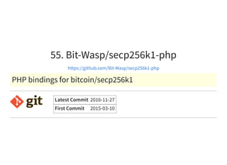 55. Bit-Wasp/secp256k1-php
https://github.com/Bit-Wasp/secp256k1-php
PHP bindings for bitcoin/secp256k1
Latest Commit 2016-11-27
First Commit 2015-03-10
 