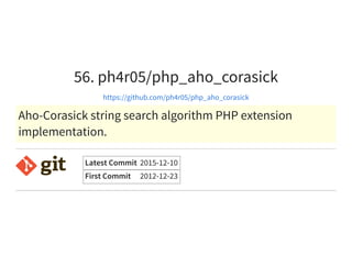 56. ph4r05/php_aho_corasick
https://github.com/ph4r05/php_aho_corasick
Aho-Corasick string search algorithm PHP extension
implementation.
Latest Commit 2015-12-10
First Commit 2012-12-23
 
