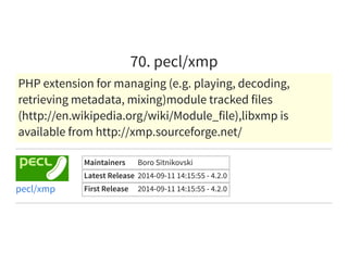 70. pecl/xmp
PHP extension for managing (e.g. playing, decoding,
retrieving metadata, mixing)module tracked files
(http://en.wikipedia.org/wiki/Module_file),libxmp is
available from http://xmp.sourceforge.net/
Maintainers Boro Sitnikovski
Latest Release 2014-09-11 14:15:55 - 4.2.0
First Release 2014-09-11 14:15:55 - 4.2.0pecl/xmp
 