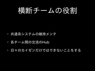 横断チームの役割
• 共通系システムの維持メンテ  
• 各チーム間の交流のHub  
• ⽇日々のカイゼンだけではできないことをする
 