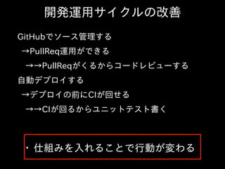 GitHubでソース管理する  
→PullReq運⽤用ができる  
→→PullReqがくるからコードレビューする  
⾃自動デプロイする  
→デプロイの前にCIが回せる  
→→CIが回るからユニットテスト書く
開発運⽤用サイクルの改善
• 仕組みを⼊入れることで⾏行動が変わる
 
