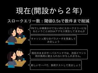 現在(開設から２年)
スロークエリー数：閾値0.5sで数件まで削減
PKでしか検索かけてないのにスロークエリーにな
るということはDiskアクセス発⽣生してませんか
キャッシュ周りのパラメータを⾒見直して
みましょう
現在のままのサーバスペックでは、次回イベント
時の負荷に耐えられないかもしれません。
新しいサーバで、負荷テストして⾒見ましょう
 