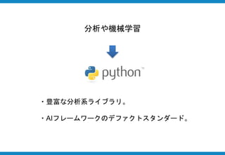 分析や機械学習
・豊富な分析系ライブラリ。
・AIフレームワークのデファクトスタンダード。
 