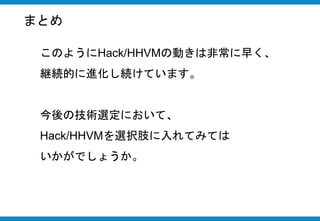 まとめ
このようにHack/HHVMの動きは非常に早く、
継続的に進化し続けています。
今後の技術選定において、
Hack/HHVMを選択肢に入れてみては
いかがでしょうか。
 