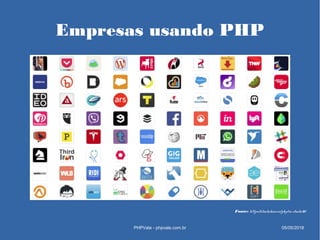 Empresas usando PHP
PHPVale - phpvale.com.br 05/05/2018
Fonte: https://stackshare.io/php/in-stacks#/
 