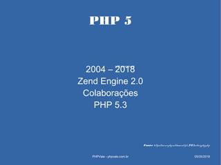 PHP 5
2004 – 2018
Zend Engine 2.0
Colaborações
PHP 5.3
PHPVale - phpvale.com.br
Fonte: https://secure.php.net/manual/pt_BR...