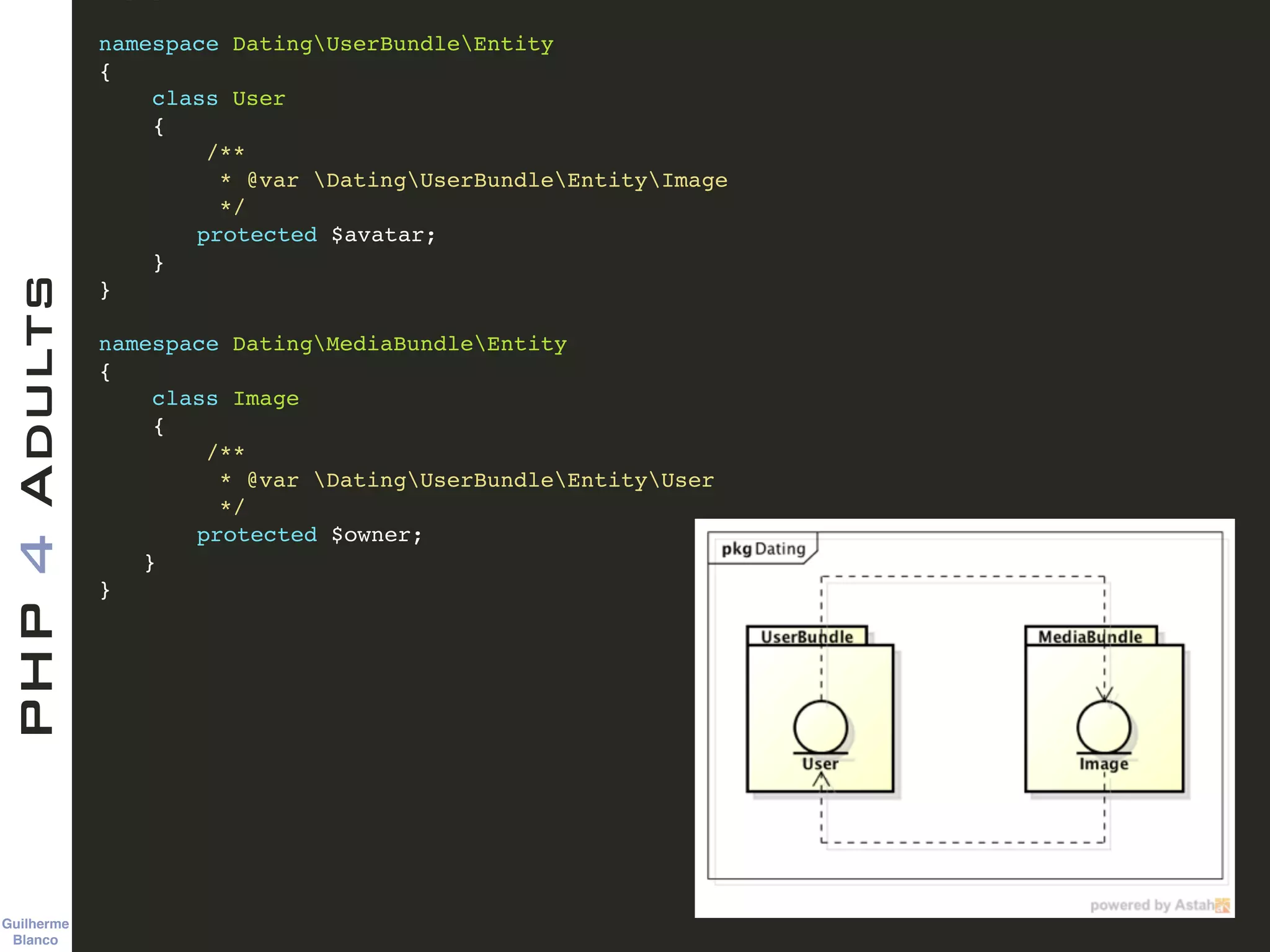 Guilherme 
Blanco
PHP4Adults !
namespace DatingUserBundleEntity!
{!
class User!
{!
/**!
* @var DatingUserBundleEntityImage!
*/!
! protected $avatar;!
}!
}!
!
namespace DatingMediaBundleEntity!
{!
class Image!
{!
/**!
* @var DatingUserBundleEntityUser!
*/!
! protected $owner;!
! }!
}
 