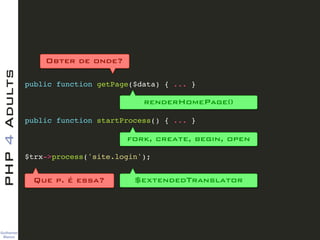 Guilherme 
Blanco
PHP4Adults
public function getPage($data) { ... }!
!
!
!
public function startProcess() { ... }!
!
!
!
$trx->process('site.login');
Obter de onde?
Que p. é essa? $extendedTranslator
fork, create, begin, open
renderHomePage()
 