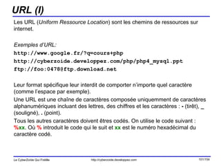 URL (I) Les URL ( Uniform Ressource Location ) sont les chemins de ressources sur internet. Exemples d’URL: http://www.google.fr/?q=cours+php http://cyberzoide.developpez.com/php/php4_mysql.ppt ftp://foo:0478@ftp.download.net Leur format spécifique leur interdit de comporter n’importe quel caractère (comme l’espace par exemple).  Une URL est une chaîne de caractères composée uniquemment de caractères alphanumériques incluant des lettres, des chiffres et les caractères :  -  (tirêt),  _  (souligné),  .  (point).  Tous les autres caractères doivent êtres codés. On utilise le code suivant :  % xx . Où  %  introduit le code qui le suit et  xx  est le numéro hexadécimal du caractère codé. 