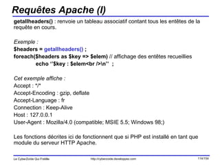 Requêtes Apache (I) getallheaders()  : renvoie un tableau associatif contant tous les entêtes de la requête en cours. Exemple : $headers =  getallheaders()  ; foreach($headers as $key => $elem)  // affichage des entêtes recueillies echo ‘’$key : $elem<br />\n’’  ; Cet exemple affiche : Accept : */* Accept-Encoding : gzip, deflate Accept-Language : fr Connection : Keep-Alive Host : 127.0.0.1 User-Agent : Mozilla/4.0 (compatible; MSIE 5.5; Windows 98;) Les fonctions décrites ici de fonctionnent que si PHP est installé en tant que module du serveur HTTP Apache. 