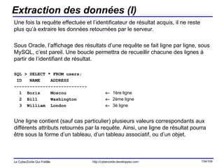 Extraction des données (I) Une fois la requête effectuée et l’identificateur de résultat acquis, il ne reste plus qu’à extraire les données retournées par le serveur. Sous Oracle, l’affichage des résultats d’une requête se fait ligne par ligne, sous MySQL, c’est pareil. Une boucle permettra de recueillir chacune des lignes à partir de l’identifiant de résultat. SQL > SELECT * FROM users; ID  NAME  ADDRESS ---------------------------- 1  Boris  Moscou     1ère ligne 2  Bill  Washington     2ème ligne 3  William  London     3è ligne Une ligne contient (sauf cas particulier) plusieurs valeurs correspondants aux différents attributs retournés par la requête. Ainsi, une ligne de résultat pourra être sous la forme d’un tableau, d’un tableau associatif, ou d’un objet. 