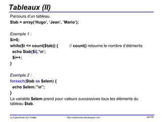 Tableaux (II) Parcours d’un tableau.  $tab = array(‘Hugo’, ‘Jean’, ’Mario’); Exemple 1 : $i=0; while($i <= count($tab)) {  //  count()  retourne le nombre d’éléments echo $tab [ $i ] .’\n’; $i++; } Exemple 2 : foreach( $tab  as  $elem )  { echo $elem.’’\n’’; } La variable  $elem  prend pour valeurs successives tous les éléments du tableau  $tab . 