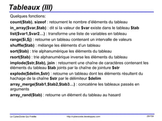 Tableaux (III) Quelques fonctions: count($tab) ,  sizeof  : retournent le nombre d’éléments du tableau in_array($var,$tab)  : dit si la valeur de  $var  existe dans le tableau  $tab list($var1,$var2…)  : transforme une liste de variables en tableau range($i,$j)  : retourne un tableau contenant un intervalle de valeurs shuffle($tab)  : mélange les éléments d’un tableau sort($tab)  : trie alphanumérique les éléments du tableau rsort($tab)  : trie alphanumérique inverse les éléments du tableau implode($str,$tab), join  : retournent une chaîne de caractères contenant les éléments du tableau  $tab  joints par la chaîne de jointure  $str explode($delim,$str)  : retourne un tableau dont les éléments résultent du hachage de la chaîne  $str  par le délimiteur  $delim array_merge($tab1,$tab2,$tab3…)  : concatène les tableaux passés en arguments array_rand($tab)  : retourne un élément du tableau au hasard 