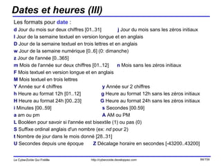 Dates et heures (III) Les formats pour  date  : d   Jour du mois sur deux chiffres [01..31]  j   Jour du mois sans les zéros initiaux  l   Jour de la semaine textuel en version longue et en anglais D   Jour de la semaine textuel en trois lettres et en anglais w   Jour de la semaine numérique [0..6] (0: dimanche) z   Jour de l'année [0..365] m   Mois de l'année sur deux chiffres [01..12]  n   Mois sans les zéros initiaux F   Mois textuel en version longue et en anglais M   Mois textuel en trois lettres Y   Année sur 4 chiffres y   Année sur 2 chiffres h   Heure au format 12h [01..12]  g   Heure au format 12h sans les zéros initiaux  H   Heure au format 24h [00..23]  G   Heure au format 24h sans les zéros initiaux i   Minutes [00..59] s   Secondes [00.59] a   am ou pm A   AM ou PM L   Booléen pour savoir si l'année est bisextile (1) ou pas (0) S   Suffixe ordinal anglais d'un nombre (ex:  nd  pour 2) t   Nombre de jour dans le mois donné [28..31] U   Secondes depuis une époque  Z   Décalage horaire en secondes [-43200..43200] 