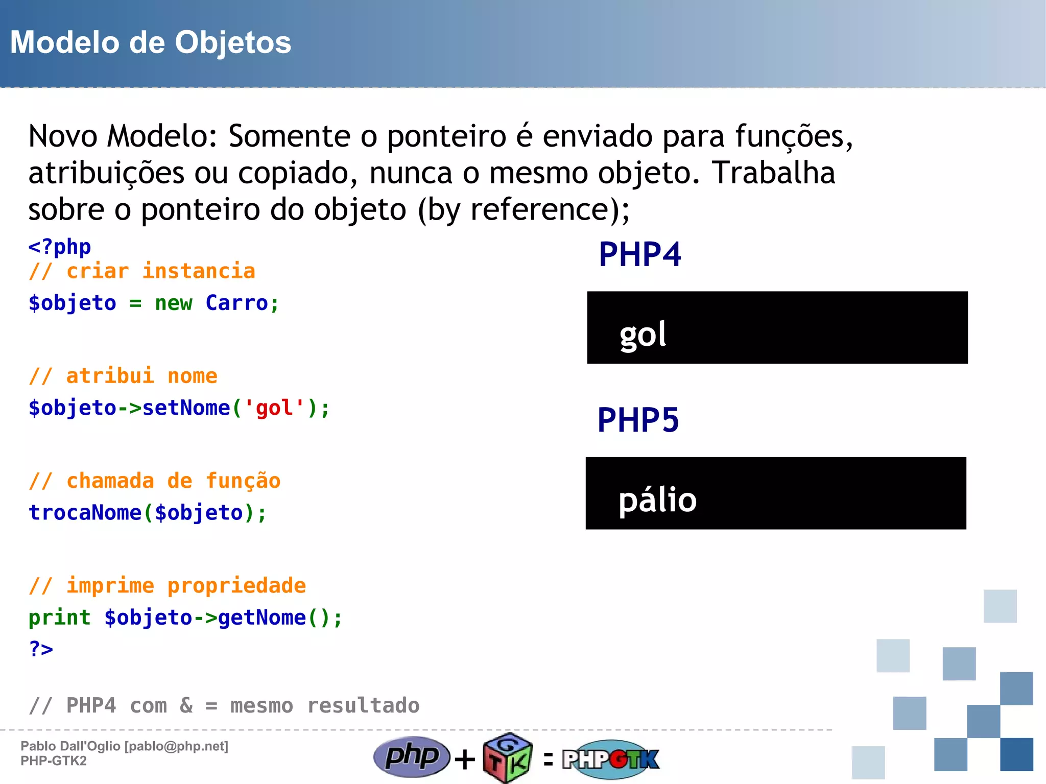 Modelo de Objetos
Novo Modelo: Somente o ponteiro é enviado para funções,
atribuições ou copiado, nunca o mesmo objeto. Trabalha
sobre o ponteiro do objeto (by reference);

PHP4

<?php
// criar instancia
$objeto = new Carro;

gol

// atribui nome
$objeto->setNome('gol');

PHP5

// chamada de função

pálio

trocaNome($objeto);
// imprime propriedade
print $objeto->getNome();
?>
// PHP4 com & = mesmo resultado
Pablo Dall'Oglio [pablo@php.net]
PHP-GTK2

+

=

 