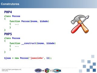 Construtores

PHP4
class Pessoa
{
function Pessoa($nome, $idade)
{
...
}

}

PHP5
class Pessoa
{
function __construct($nome, $idade)
{
...
}

}

$joao = new Pessoa('joaozinho', 11);

Pablo Dall'Oglio [pablo@php.net]
PHP-GTK2

+

=

 