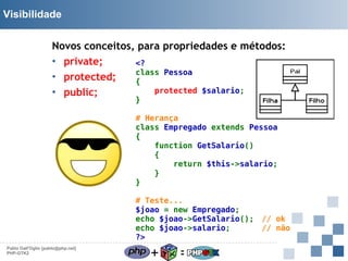 Visibilidade
Novos conceitos, para propriedades e métodos:
• private;
<?
class Pessoa
• protected;
{
protected $salario;
• public;
}

# Herança
class Empregado extends Pessoa
{
function GetSalario()
{
return $this->salario;
}
}
# Teste...
$joao = new Empregado;
echo $joao->GetSalario(); // ok
echo $joao->salario;      // não
?>
Pablo Dall'Oglio [pablo@php.net]
PHP-GTK2

+

=

 