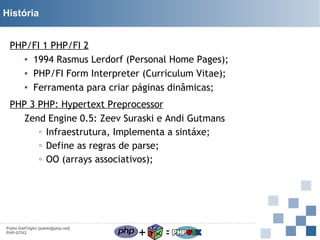 História
PHP/FI 1 PHP/FI 2
▪ 1994 Rasmus Lerdorf (Personal Home Pages);
▪ PHP/FI Form Interpreter (Curriculum Vitae);
▪ Ferramenta para criar páginas dinâmicas;
PHP 3 PHP: Hypertext Preprocessor
Zend Engine 0.5: Zeev Suraski e Andi Gutmans
▫ Infraestrutura, Implementa a sintáxe;
▫ Define as regras de parse;
▫ OO (arrays associativos);

Pablo Dall'Oglio [pablo@php.net]
PHP-GTK2

+

=

 