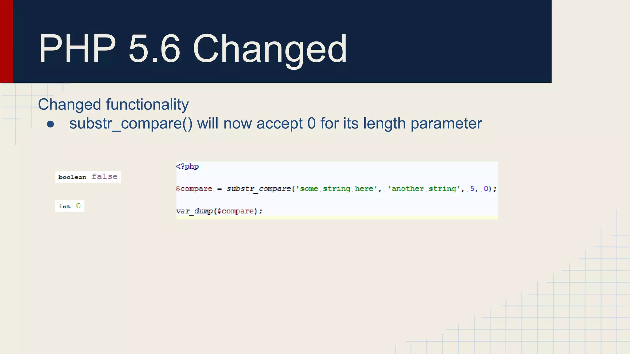 PHP 5.6 Changed Changed functionality ● substr_compare() will now accept 0 for its length parameter 