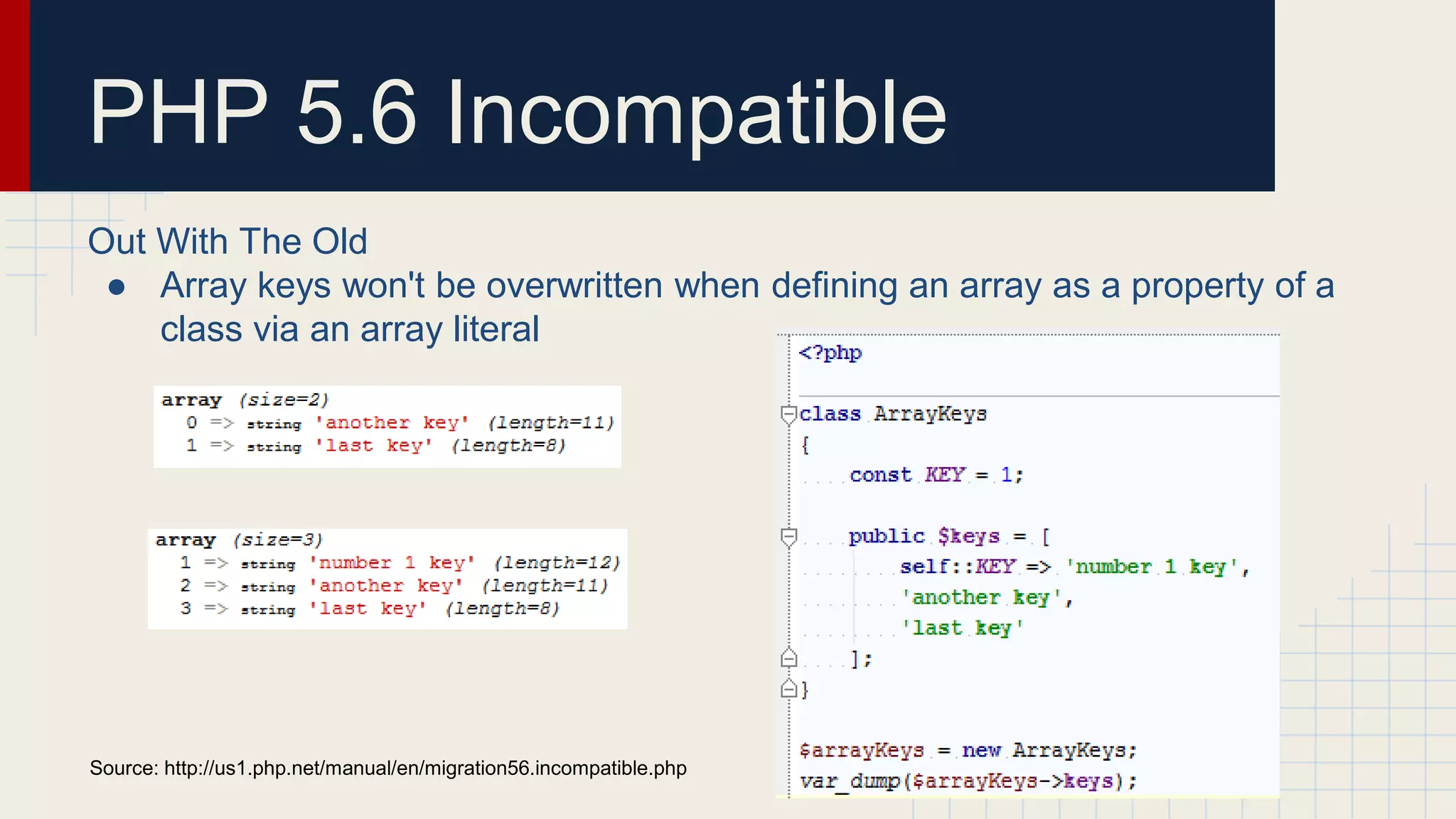 PHP 5.6 Incompatible Out With The Old ● Array keys won't be overwritten when defining an array as a property of a class via an array literal Source: http://us1.php.net/manual/en/migration56.incompatible.php 