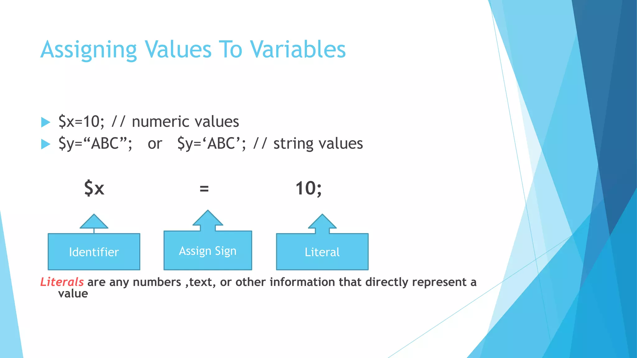 Assigning Values To Variables
 $x=10; // numeric values
 $y=“ABC”; or $y=‘ABC’; // string values
$x = 10;
Literals are any numbers ,text, or other information that directly represent a
value
Identifier Assign Sign Literal
 