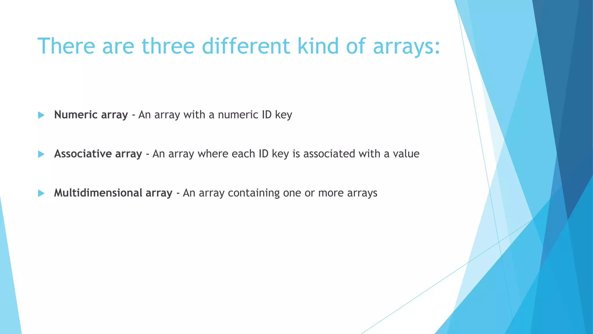 There are three different kind of arrays:
 Numeric array - An array with a numeric ID key
 Associative array - An array where each ID key is associated with a value
 Multidimensional array - An array containing one or more arrays
 