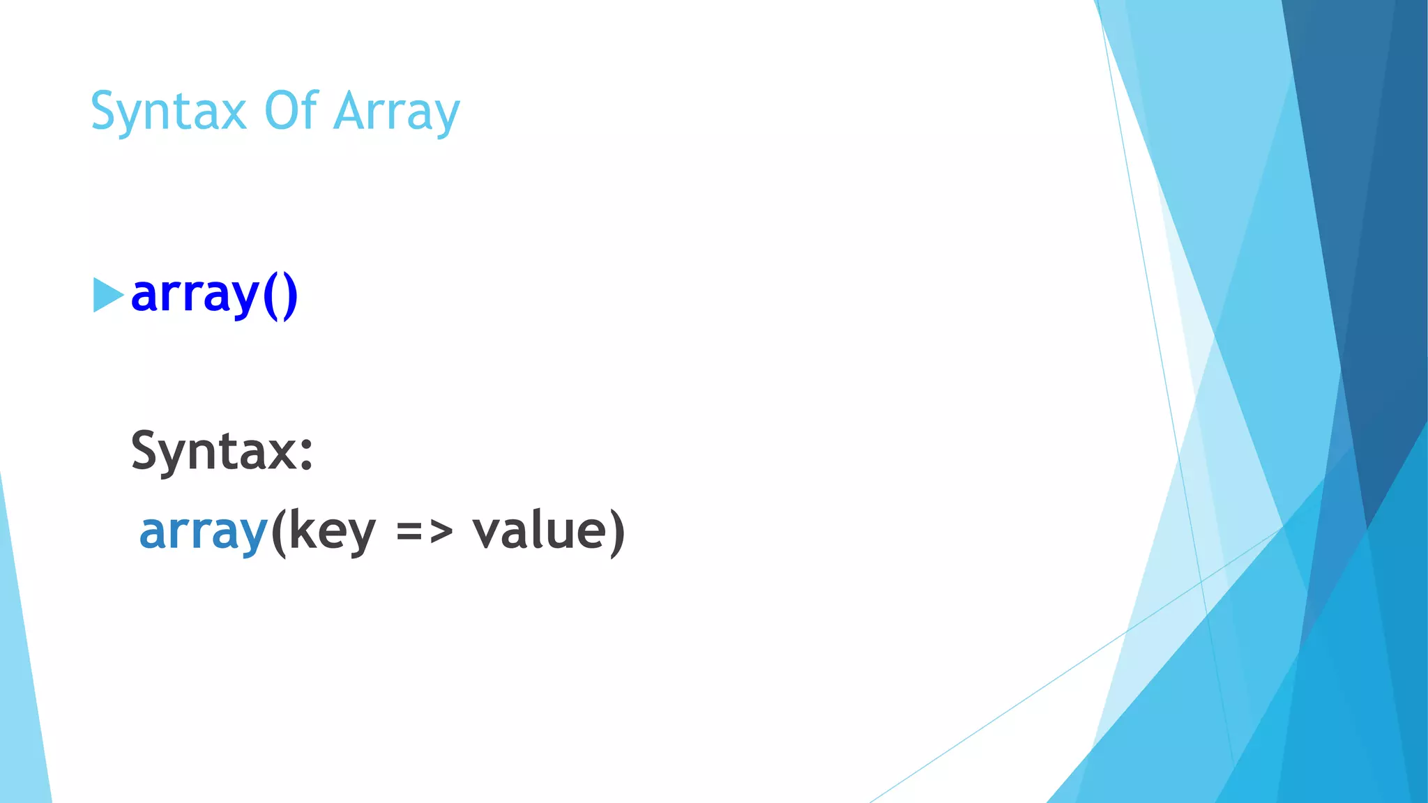 Syntax Of Array
array()
Syntax:
array(key => value)
 