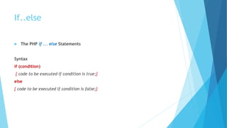 If..else
 The PHP if ... else Statements
Syntax
if (condition)
{ code to be executed if condition is true;}
else
{ code to be executed if condition is false;}
 