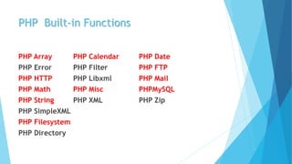 PHP Built-in Functions
PHP Array PHP Calendar PHP Date
PHP Error PHP Filter PHP FTP
PHP HTTP PHP Libxml PHP Mail
PHP Math PHP Misc PHPMySQL
PHP String PHP XML PHP Zip
PHP SimpleXML
PHP Filesystem
PHP Directory
 