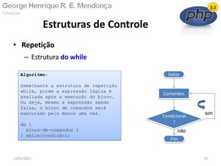 • Repetição
– Estrutura do while
Estruturas de Controle
13/02/2011 13
Início
Condicional
?
Fim
Comandos
não
sim
Algoritmo:
Semelhante a estrutura de repetição
while, porém a expressão lógica é
avaliada após a execução do bloco.
Ou seja, mesmo a expressão sendo
falsa, o bloco de comandos será
executado pelo menos uma vez.
do {
bloco-de-comandos 1
} while(condição);
 