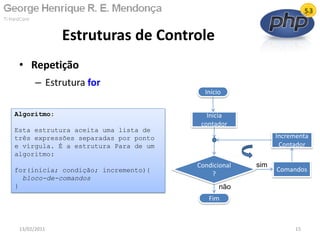 • Repetição
– Estrutura for
Estruturas de Controle
13/02/2011 15
Início
Condicional
?
Fim
Inicia
contador
não
sim
Algoritmo:
Esta estrutura aceita uma lista de
três expressões separadas por ponto
e vírgula. É a estrutura Para de um
algoritmo:
for(inicia; condição; incremento){
bloco-de-comandos
}
Comandos
Incrementa
Contador
 