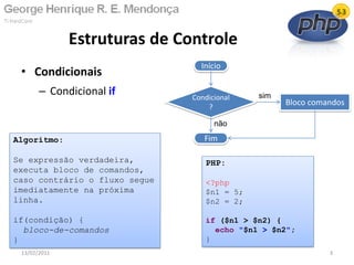 • Condicionais
– Condicional if
Estruturas de Controle
13/02/2011 3
Início
Condicional
?
Fim
Bloco comandos
sim
não
Algoritmo:
Se expressão verdadeira,
executa bloco de comandos,
caso contrário o fluxo segue
imediatamente na próxima
linha.
if(condição) {
bloco-de-comandos
}
PHP:
<?php
$n1 = 5;
$n2 = 2;
if ($n1 > $n2) {
echo "$n1 > $n2";
}
 