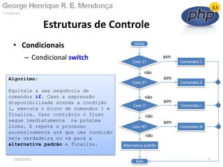 • Condicionais
– Condicional switch
Estruturas de Controle
13/02/2011 7
Início
Caso 1?
Fim
Comandos 1
não
sim
Caso 2?
Caso N?
Caso i?
não
não
não
Comandos 2
Comandos i
Comandos N
sim
sim
sim
Alternativa padrão
Algoritmo:
Equivale a uma sequência de
comandos if. Caso a expressão
disponibilizada atenda a condição
1, executa o bloco de comandos 1 e
finaliza. Caso contrário o fluxo
segue imediatamente na próxima
linha. E repete o processo
sucessivamente até que uma condição
seja verdadeira ou vá para a
alternativa padrão e finaliza.
 
