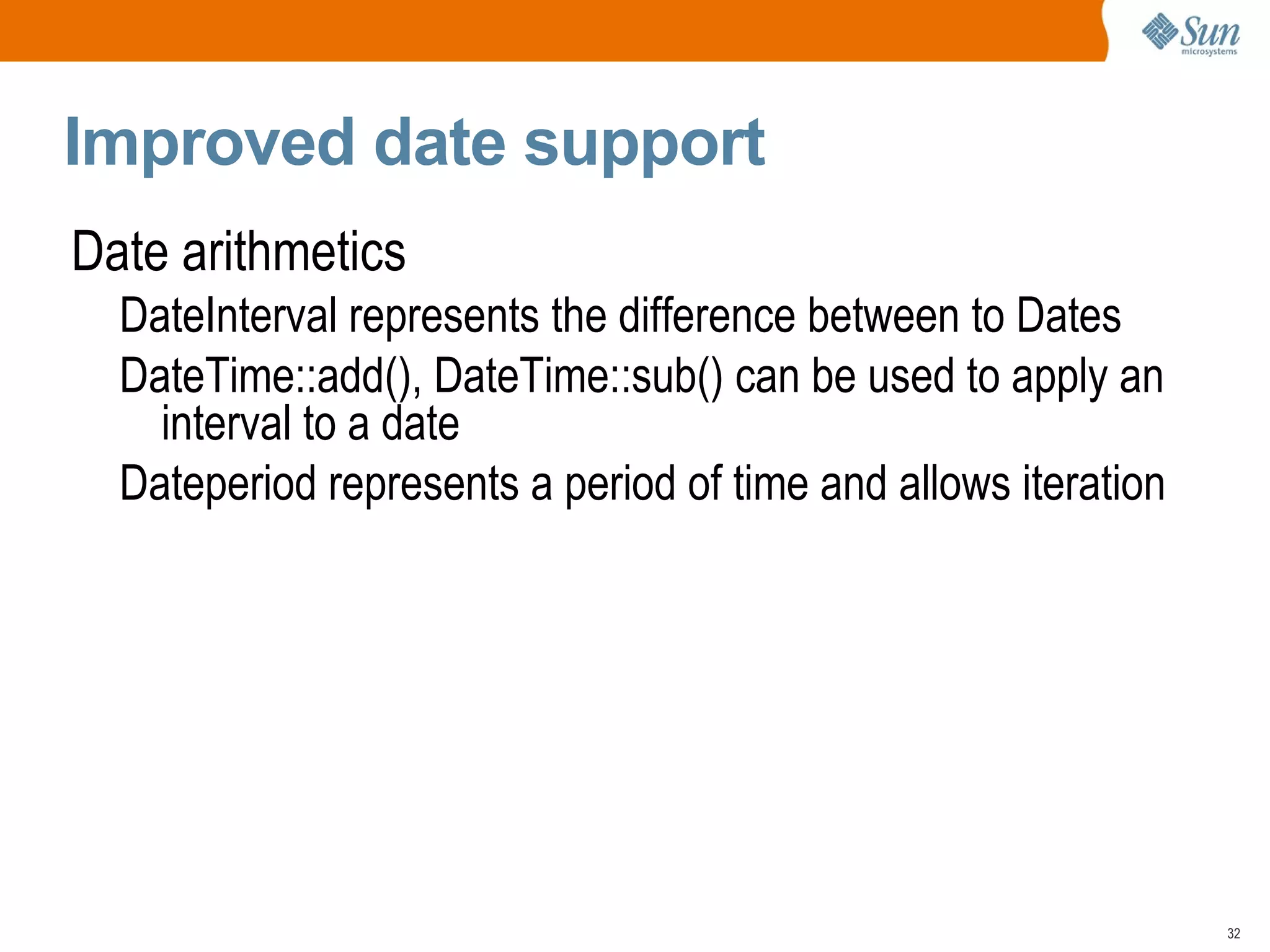 Namespaces – an example foo.php <?php namepace  MyFramework \ someModule ; class  Foo  {  /* ... */   } ?> bar.php <?php class  Bar  extends   MyFramework \ someModule \ Foo   {  /* ... */   } ?> The compile translates this  to MyFramework\someModule\Foo We can use the full name from within another file 