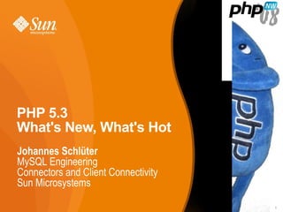 PHP 5.3 What's New, What's Hot Johannes Schlüter MySQL Engineering Connectors and Client Connectivity Sun Microsystems 