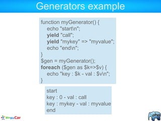 Generators example
function myGenerator() {
echo "startn";
yield "call";
yield "mykey" => "myvalue";
echo "endn";
}
$gen = myGenerator();
foreach ($gen as $k=>$v) {
echo "key : $k - val : $vn";
}
start
key : 0 - val : call
key : mykey - val : myvalue
end
 