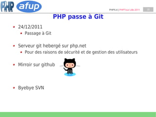 PHP5.4 | PHPTour Lille 2011   19


                   PHP passe à Git
24/12/2011
   Passage à Git

Serveur git hebergé sur php.net
   Pour des raisons de sécurité et de gestion des utilisateurs

Mirroir sur github



Byebye SVN
 