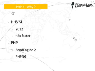• HHVM
• 2012
• ~2x faster
• PHP
• ZendEngine 2
• PHPNG
PHP 7 - Why ?
 