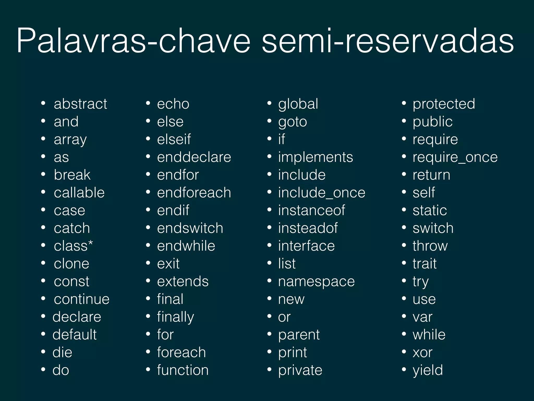 Palavras-chave semi-reservadas
• abstract
• and
• array
• as
• break
• callable
• case
• catch
• class*
• clone
• const
• continue
• declare
• default
• die
• do
• global
• goto
• if
• implements
• include
• include_once
• instanceof
• insteadof
• interface
• list
• namespace
• new
• or
• parent
• print
• private
• protected
• public
• require
• require_once
• return
• self
• static
• switch
• throw
• trait
• try
• use
• var
• while
• xor
• yield
• echo
• else
• elseif
• enddeclare
• endfor
• endforeach
• endif
• endswitch
• endwhile
• exit
• extends
• ﬁnal
• ﬁnally
• for
• foreach
• function
 